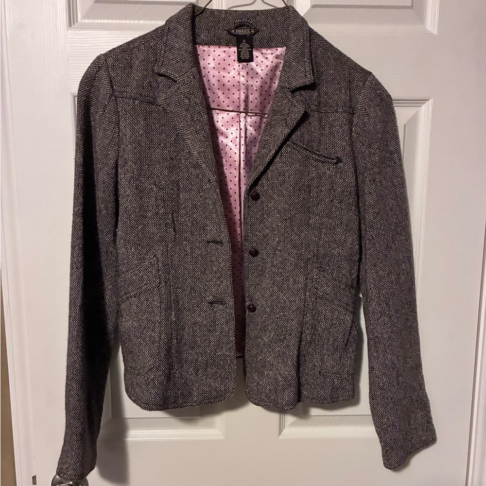 Fossil Women's Gray Blazer with Pink Polka Dot Lining